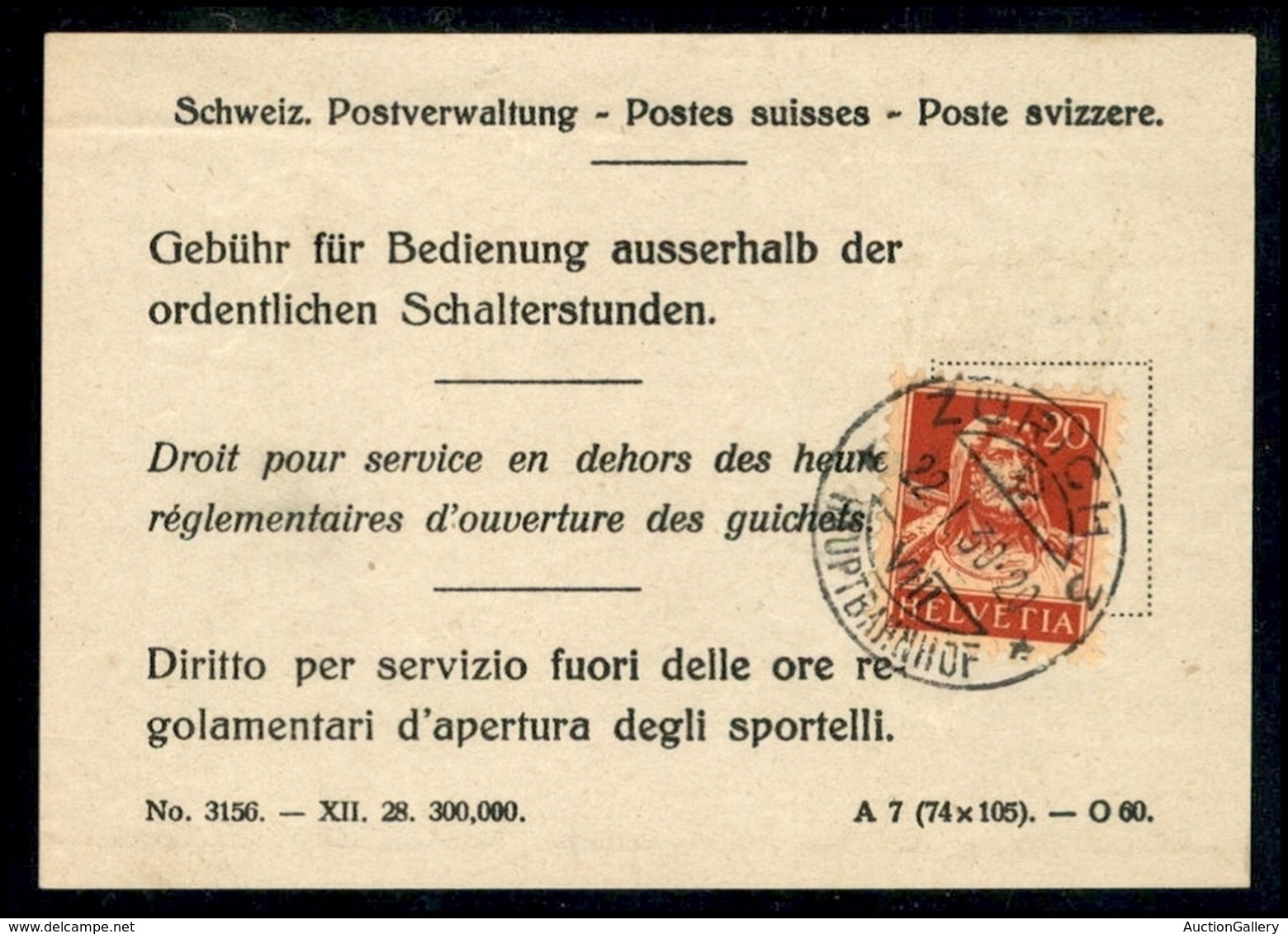 SVIZZERA - 1930 - Diritto Per Servizio - 20 Cent (165) Su Tagliando Ricevuta Del 22.1.30 - Other & Unclassified