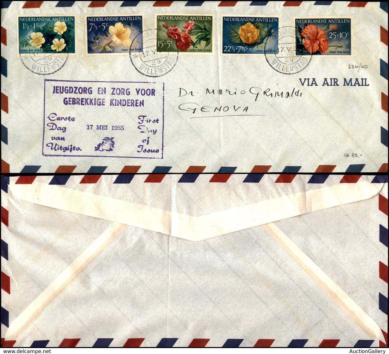 ANTILLE OLANDESI - Aerogramma Affrancato Con Fiori (43/47) - Serie Completa FDC Da Curacao A Genova Del 17.5.55 - Other & Unclassified