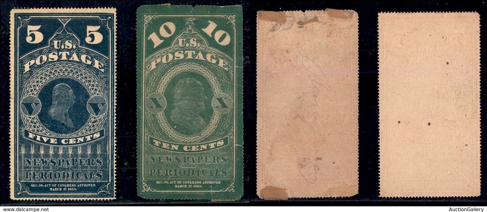 STATI UNITI D'AMERICA - 1865 - Ristampe - Newspaper Stampa 5 Cent (PR5) + 10 Cent (PR6 Difettoso) - Nuovi - Sempre Senza - Other & Unclassified