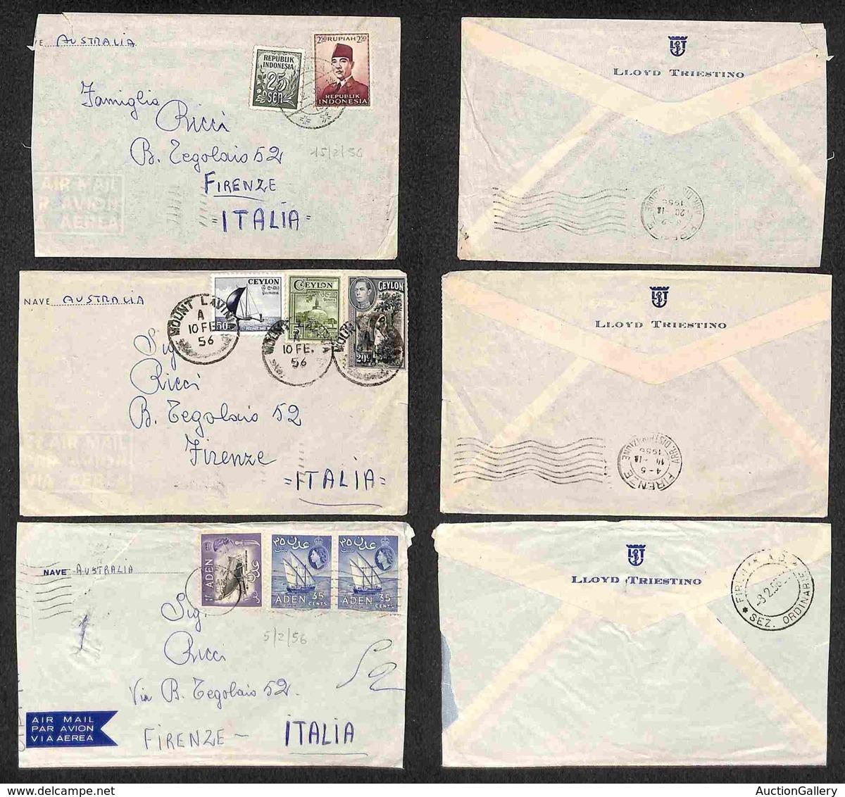 NAVIGAZIONE - 1956 - Lotto Di 3 Buste Viaggiate Per Firenze Dalla Nave Australia - Other & Unclassified