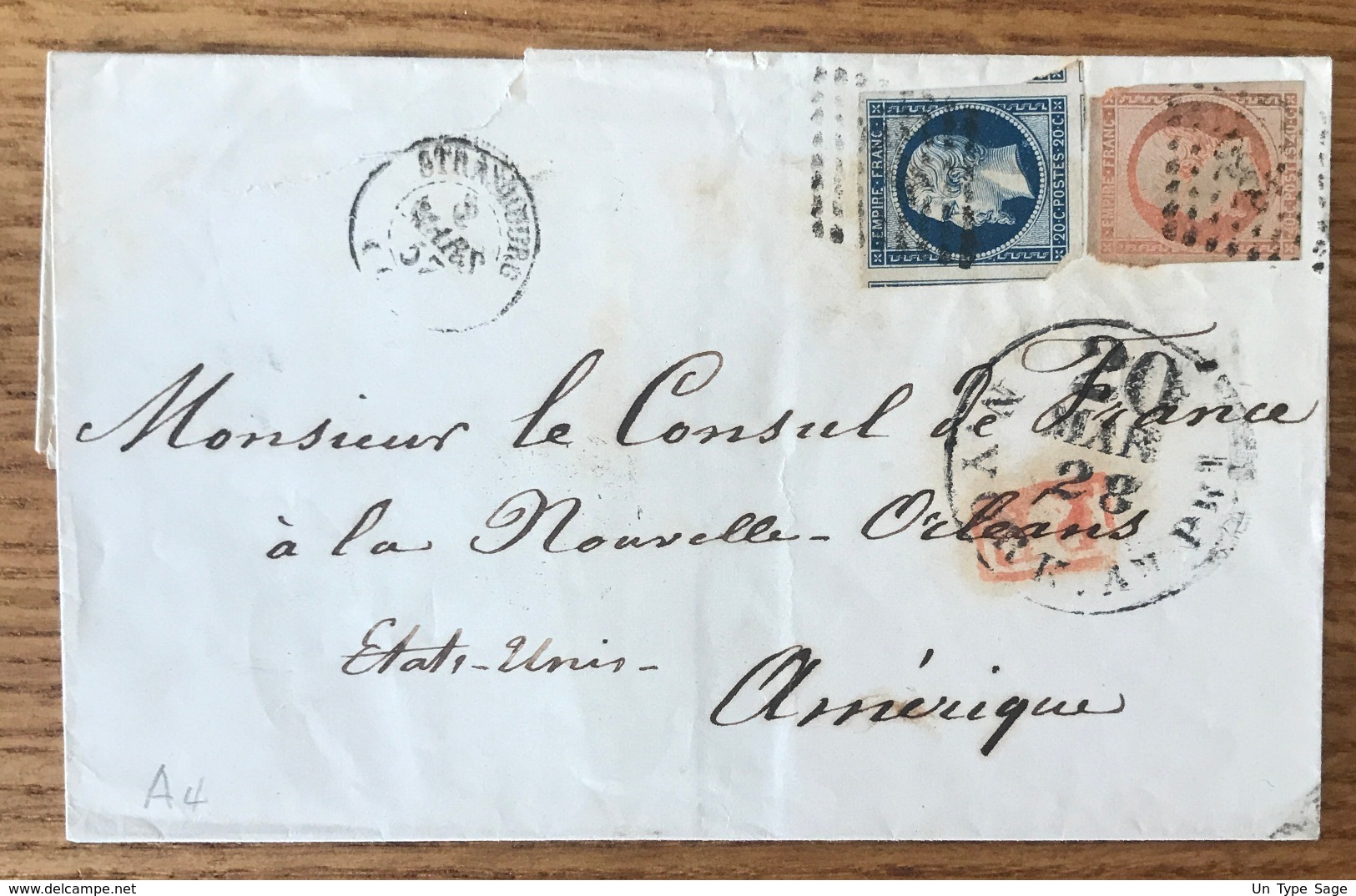 France N°14 Et 16 Sur Lettre De Strasbourg Pour La Nouvelle Orleans (USA) Par New-York - (B1505) - 1849-1876: Période Classique