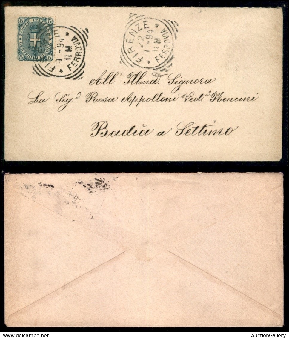 Regno - Posta Ordinaria - 5 Cent (59) Isolato Su Busta Da Firenze Del 22.8.94 Per Il Distretto - Sonstige & Ohne Zuordnung
