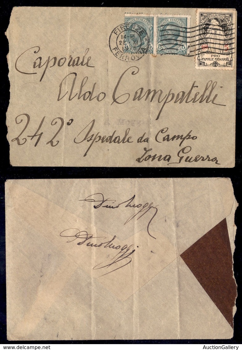 Regno - Posta Ordinaria - 5 Cent Charitas + Coppia Del 5 Cent Leoni (81) - Busta Da Firenze Del 22.11.15 - Otros & Sin Clasificación