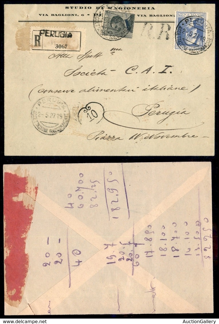 Regno - Posta Ordinaria - 1.25 Lire Volta (213) + 30 Cent Michetti (185) - Raccomandata Per Citta - Perugia 2.5.27 (124) - Other & Unclassified