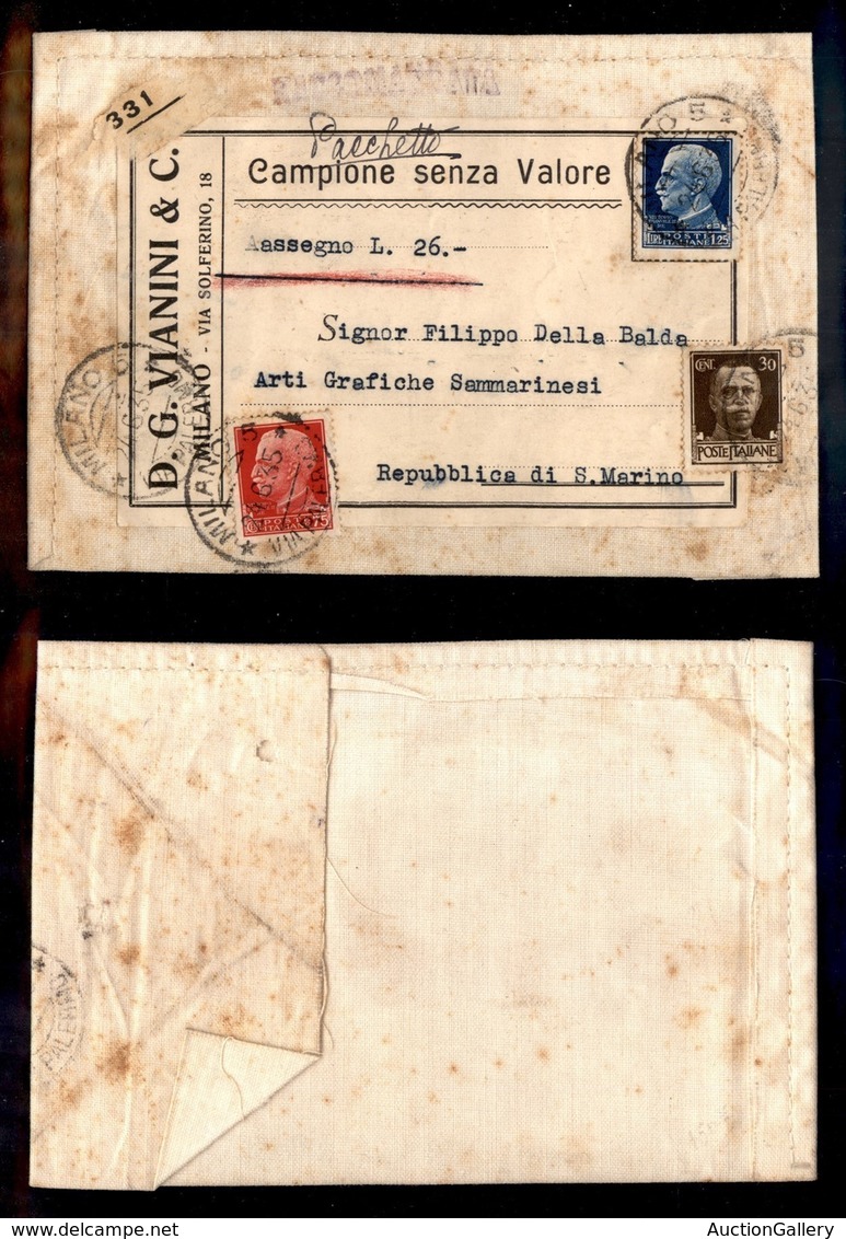 Regno - Posta Ordinaria - Campione Senza Valore - Imperiale (249+252+253) - Busta Telata A Sacco Raccomandata Da Milano  - Sonstige & Ohne Zuordnung