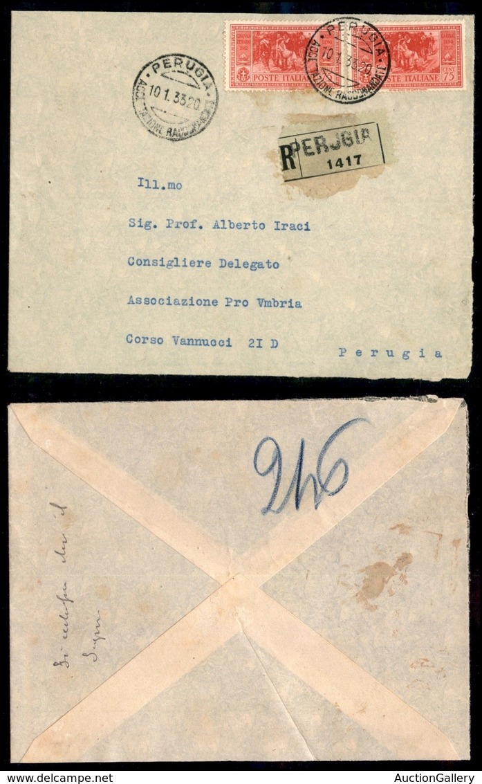 Regno - Posta Ordinaria - 75 Cent Garibaldi (320 Due) - Raccomandata Per Citta - Perugia 10.1.33 - Other & Unclassified