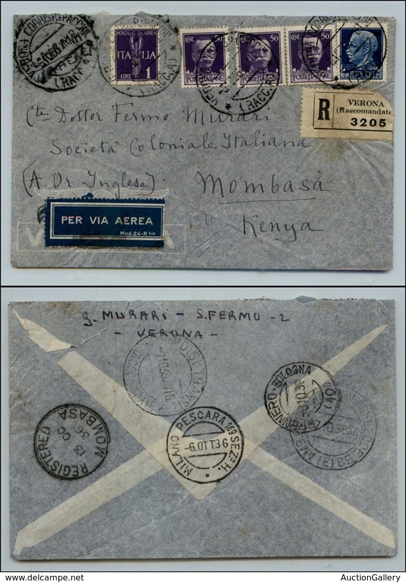 Regno - Posta Aerea - Aerogramma Raccomandato Da Verona A Mombasa/Kenya Del 6.10.36 - Altri & Non Classificati