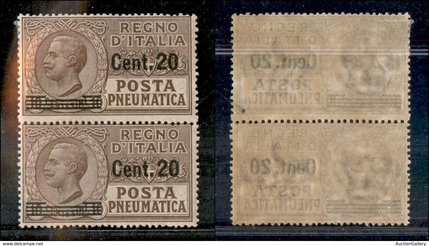 Regno - Posta Pneumatica - 1913/1923 - Posta Pneumatica Coppia Del 20 Su 10 Cent (5) - Esemplare Inferiore Con Gomma Int - Altri & Non Classificati