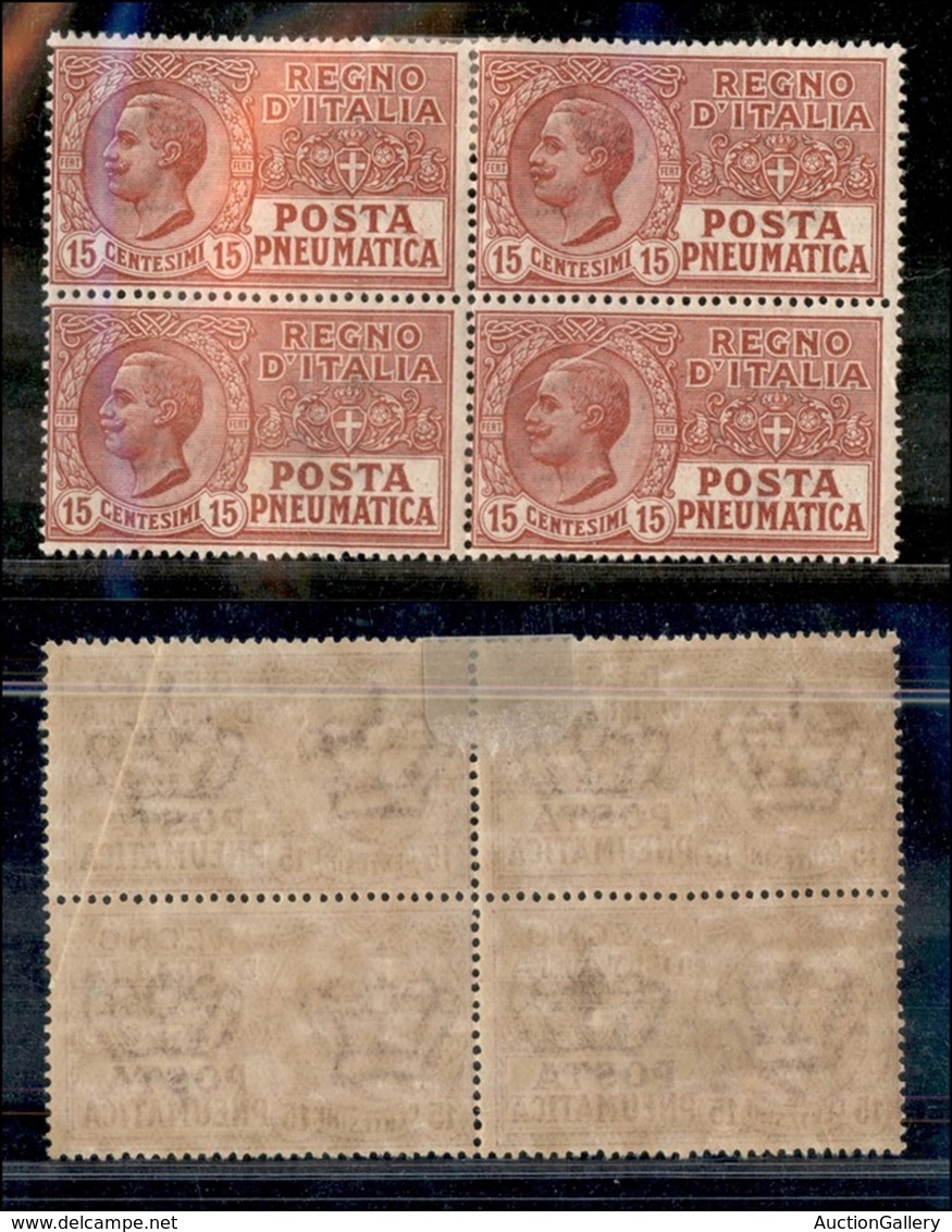 Regno - Posta Pneumatica - 1927/1928 - Posta Pneumatica - Quartina Del 15 Cent (12) - Coppia Inferiore Con Gomma Integra - Other & Unclassified