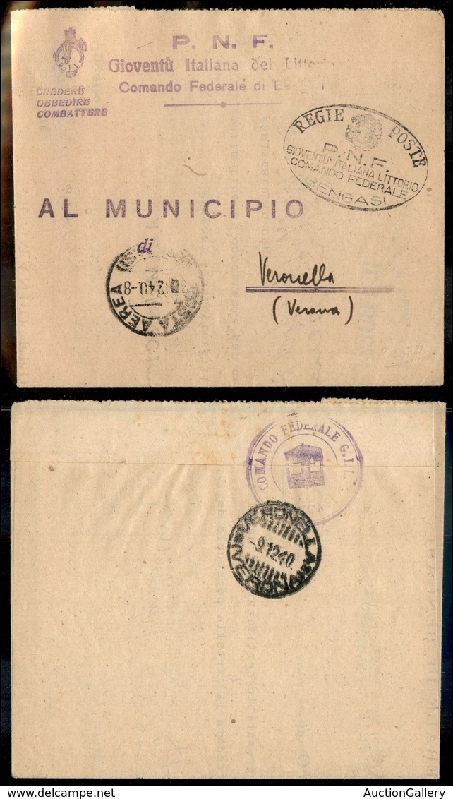 Colonie - Libia - Franchigia Militare - PNF/Gioventu Italiana Del Littorio/Comando Federale - Posta Aerea (Bengasi) 30.1 - Otros & Sin Clasificación