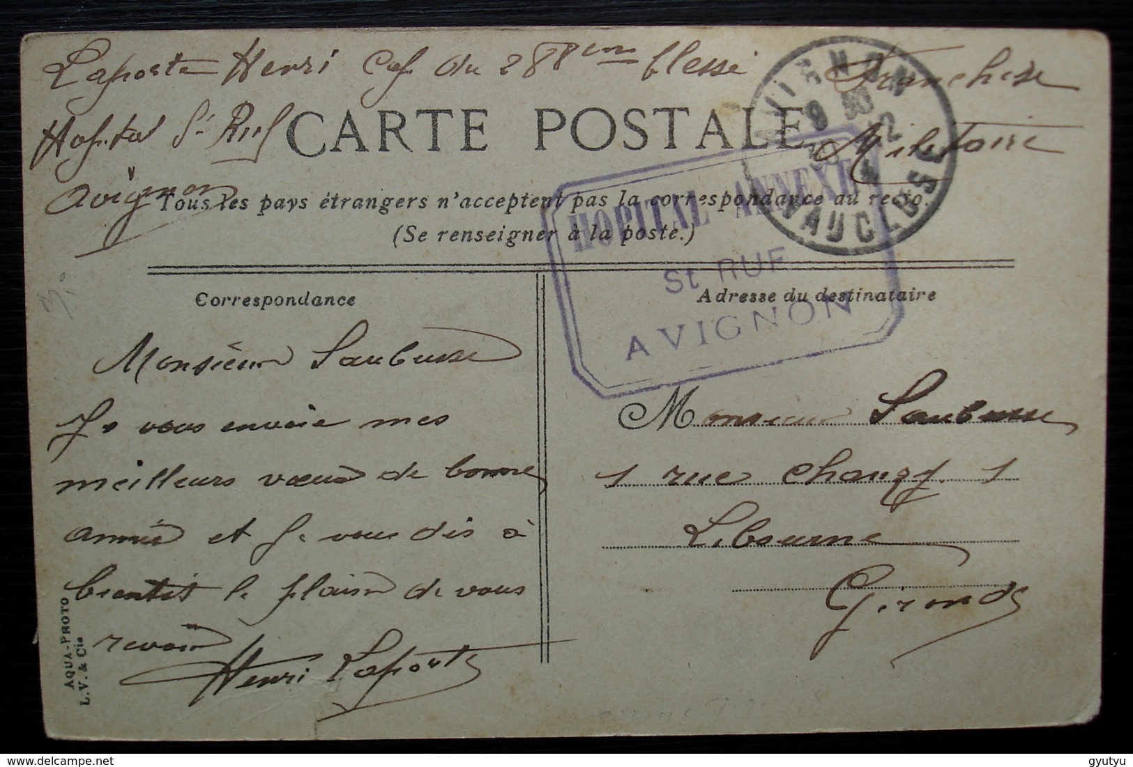 Avignon Hôpital Annexe Saint Ruf 1914 Cachet Rectangulaire Sur Carte Postale - Guerre De 1914-18