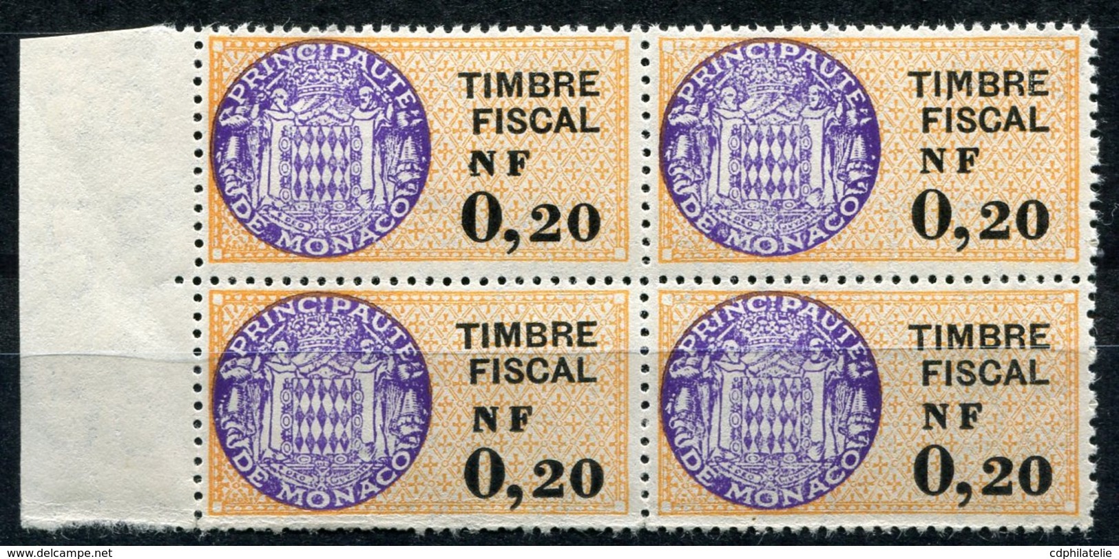 MONACO TIMBRE FISCAL TYPE "ARMOIRIES DE DAUSSY" NF 0,20 EN BLOC DE 4 AVEC DATE AU VERSO (24.11.59) NEUF SANS CHARNIERE - Fiscaux