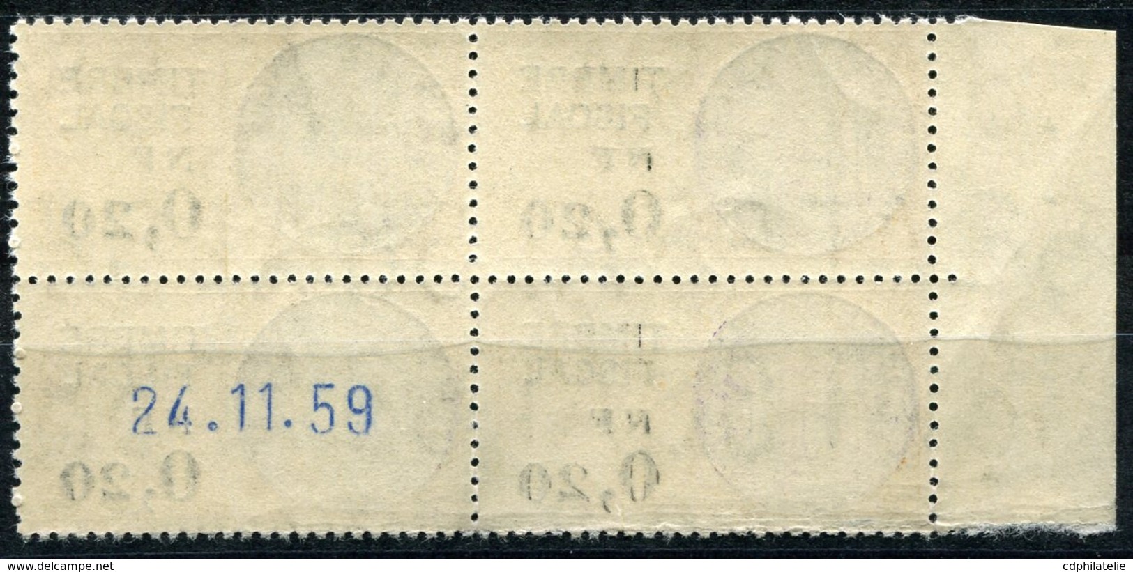 MONACO TIMBRE FISCAL TYPE "ARMOIRIES DE DAUSSY" NF 0,20 EN BLOC DE 4 AVEC DATE AU VERSO (24.11.59) NEUF SANS CHARNIERE - Fiscaux