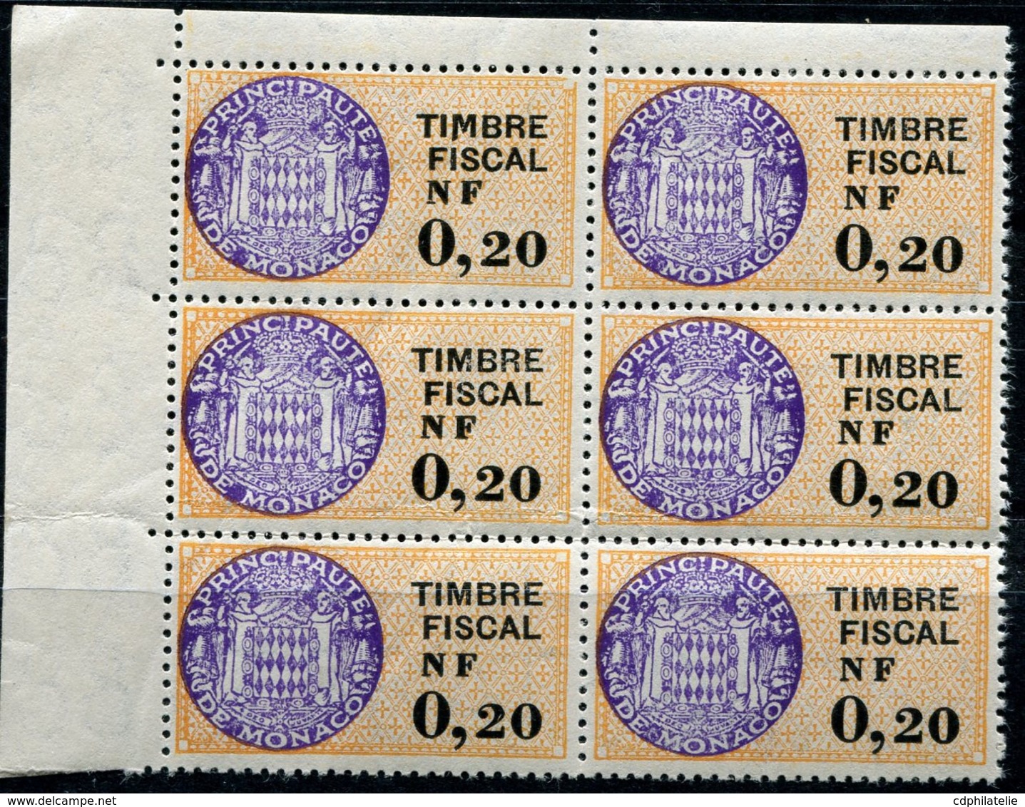 MONACO TIMBRE FISCAL TYPE "ARMOIRIES DE DAUSSY" NF 0,20 EN BLOC DE 6 AVEC DATE (24.11.59) ET NUMERO DE FEUILLE AU VERSO - Fiscales