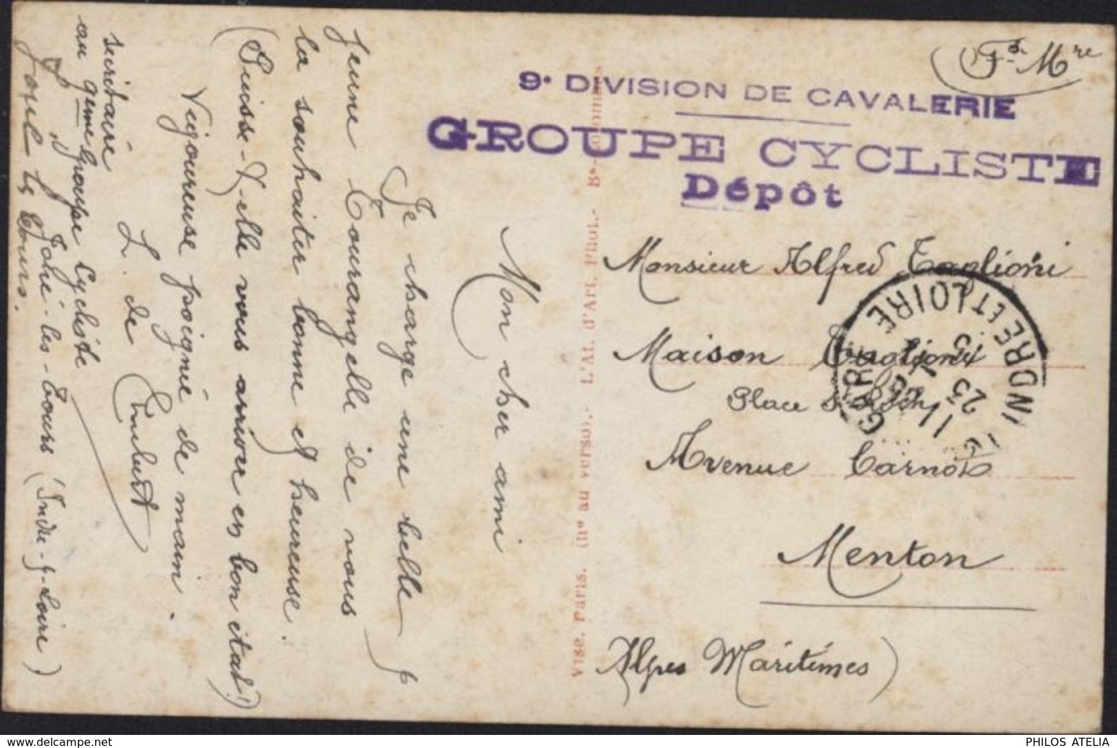 Guerre 14 Cachet 9e Division Cavalerie Groupe Cycliste Dépôt FM CAD 23 11 15 Joué Les Tours Indre Loire CPA Bonne Année - 1. Weltkrieg 1914-1918