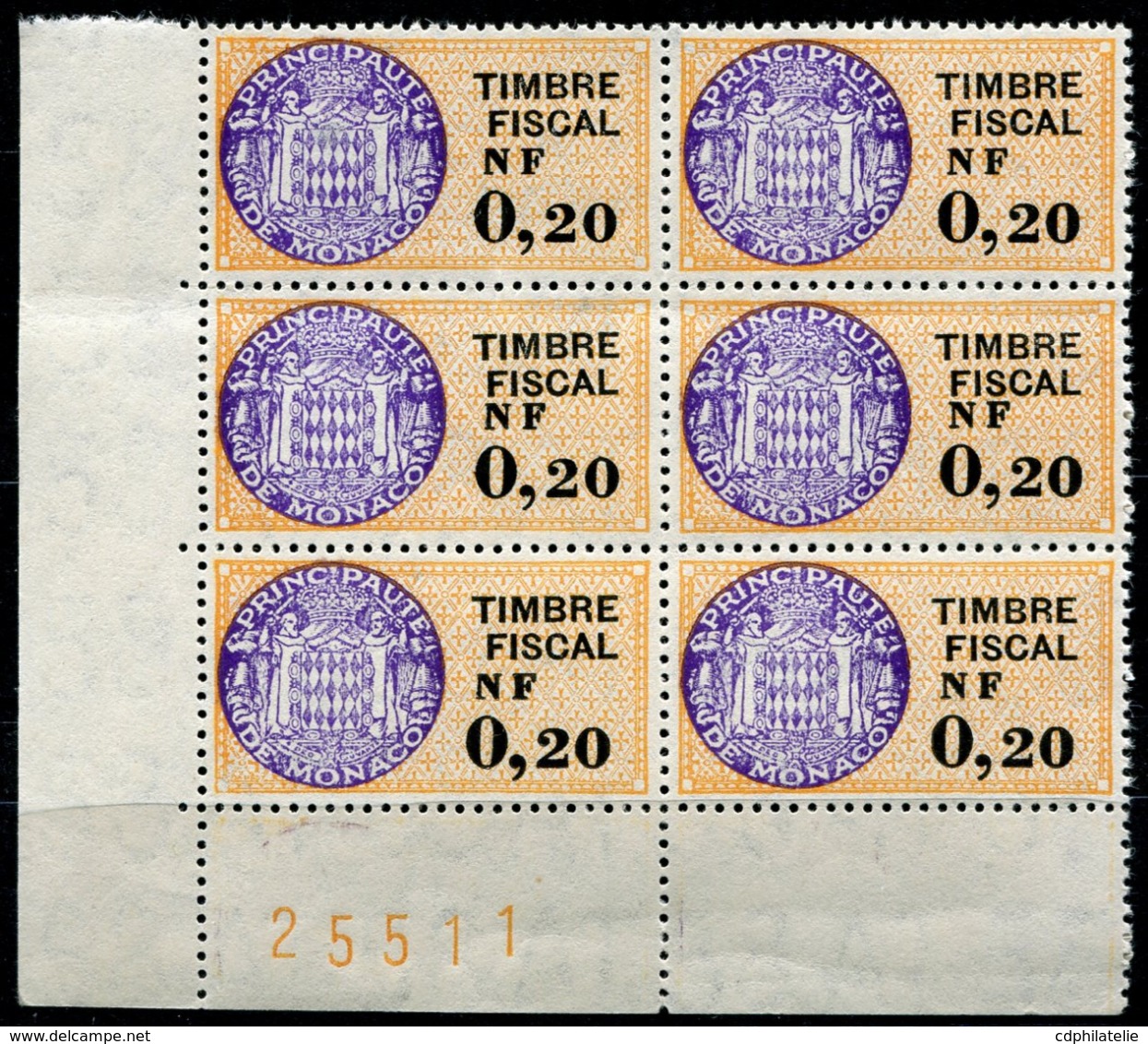 MONACO TIMBRE FISCAL TYPE "ARMOIRIES DE DAUSSY" NF 0,20 EN BLOC DE 6 AVEC DATE (24.11.59) ET NUMERO DE FEUILLE AU VERSO - Steuermarken