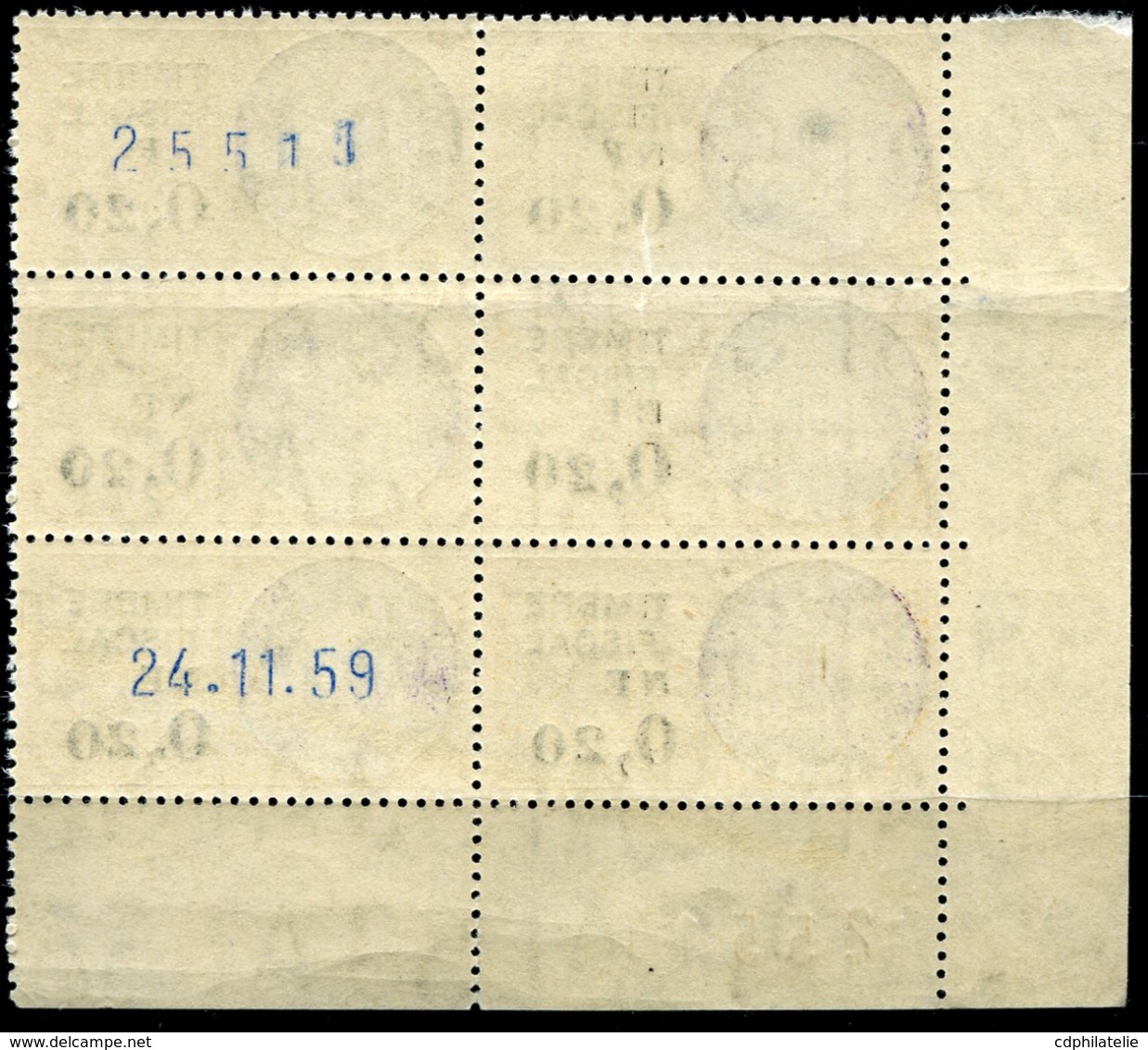 MONACO TIMBRE FISCAL TYPE "ARMOIRIES DE DAUSSY" NF 0,20 EN BLOC DE 6 AVEC DATE (24.11.59) ET NUMERO DE FEUILLE AU VERSO - Steuermarken