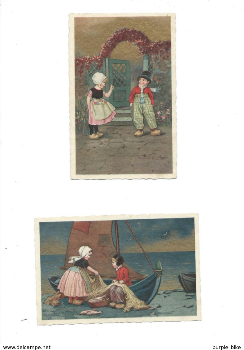 CPA Fantaisie LOT De 2 Signées Colombo Deux Enfants Pêche Filet Sabots  Bateau Bretagne  TBE - Sonstige & Ohne Zuordnung