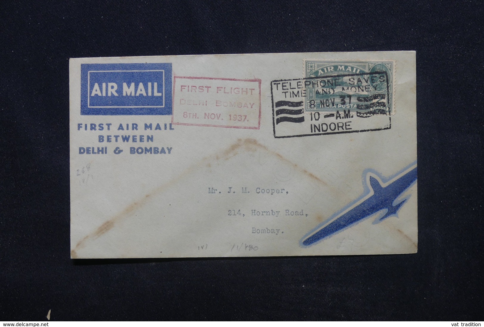 INDE - Enveloppe 1er Vol Delhi / Bombay En 1937 , Affranchissement Et Oblitérations Plaisants - L 45375 - 1936-47 Roi Georges VI