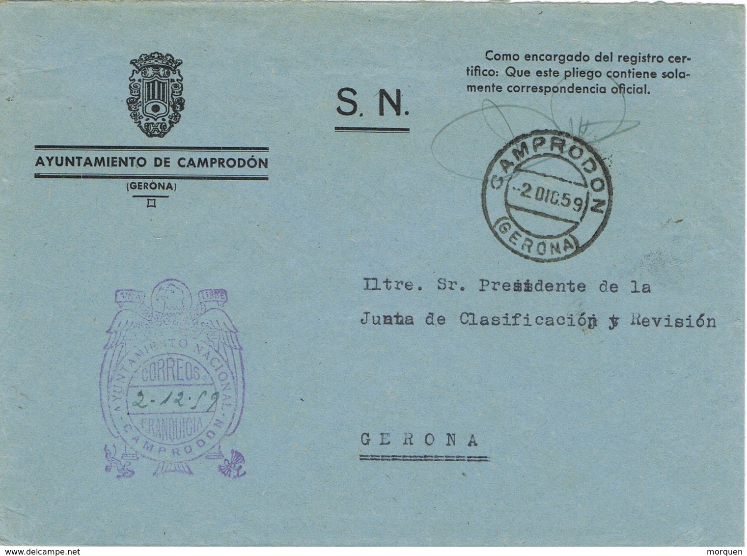 34374. Carta S.N. Franquicia Ayuntamiento CAMPRODON (Gerona) 1959. Fechador Camprodon - Cartas & Documentos