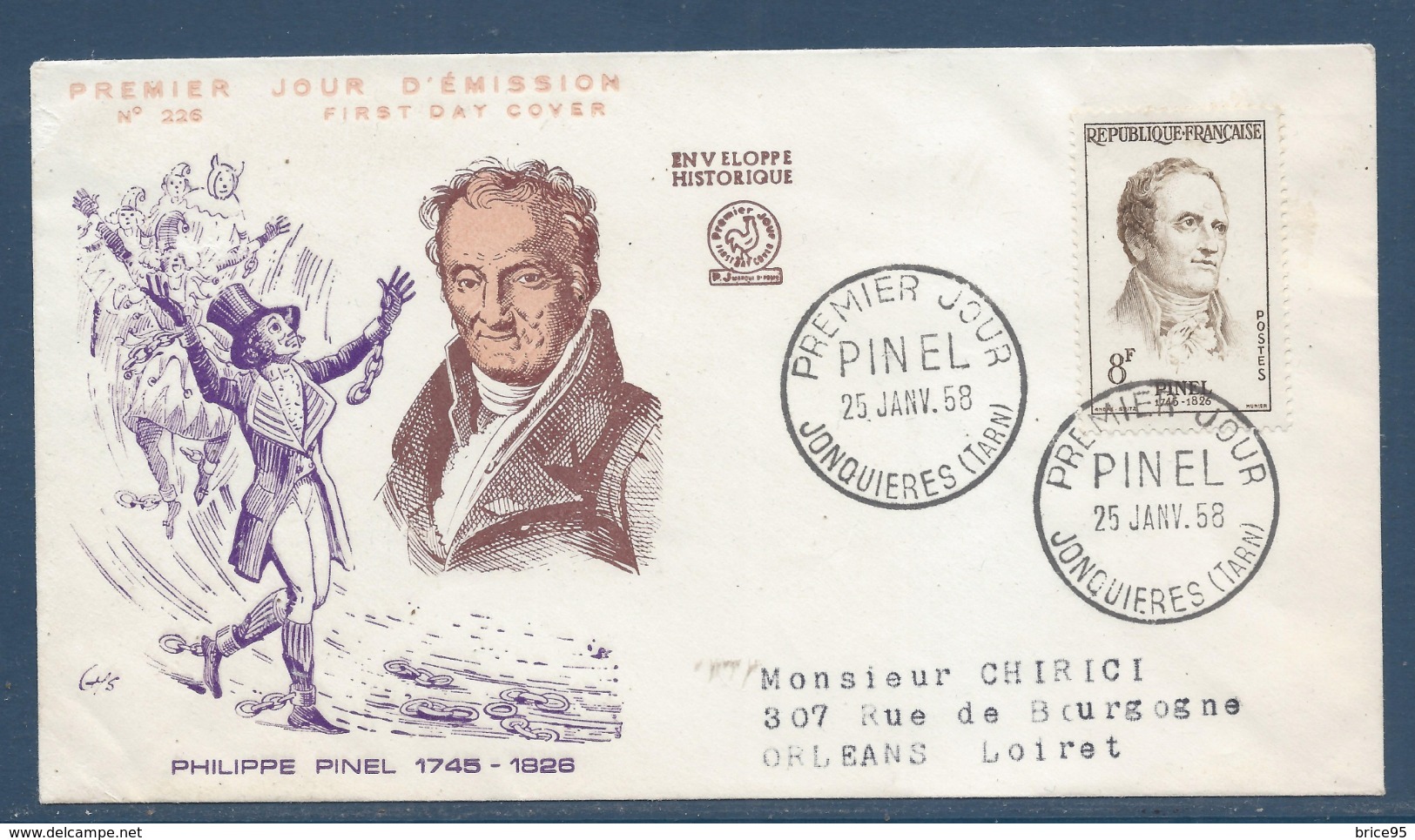 France - FDC - Premier Jour - Philippe Pinel - Jonquieres - 1958 - 1950-1959