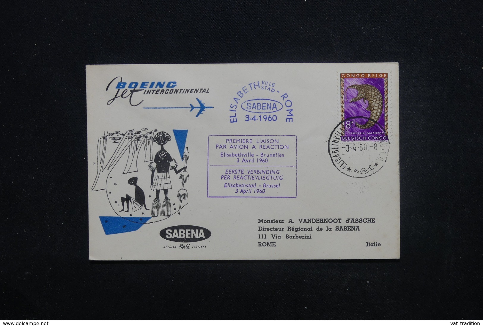 CONGO BELGE - Enveloppe 1er Vol Par Avion à Réaction Elisabethville / Bruxelles En 1960 Pour Rome - L 45413 - Covers & Documents