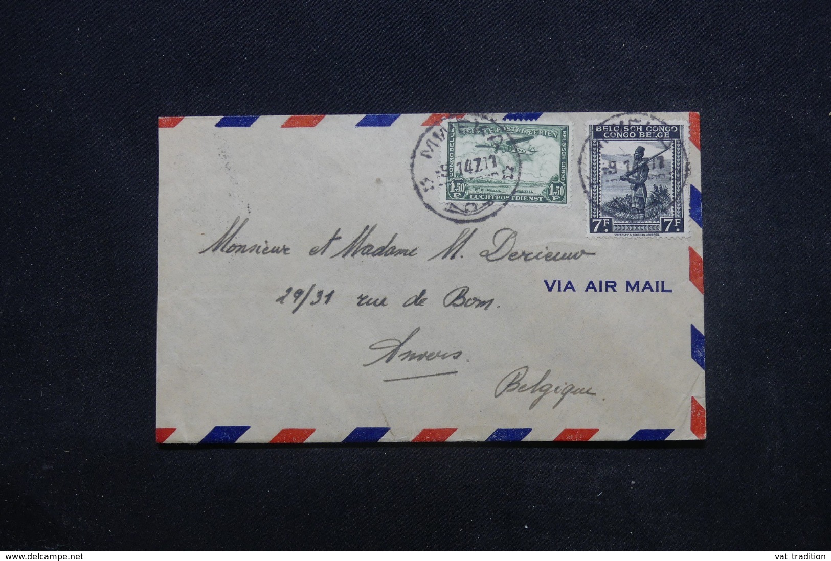 CONGO BELGE - Enveloppe De Mweka Pour Anvers Par Avion En 1947, Affranchissement Plaisant - L 45414 - Briefe U. Dokumente