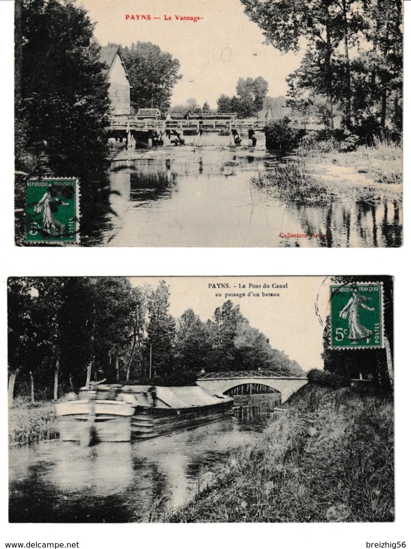 Aube PAYNS 2 Cartes: Le Vannage. Le Pont Du Canal Au Passage D'un Bateau (peniche) - Autres & Non Classés