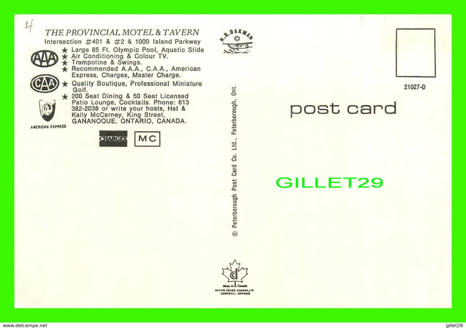 GANANOQUE, ONTARIO - THE PROVINCIAL MOTEL & TAVERN - PETERBOROUGH POST CARD CO LTD - - Gananoque