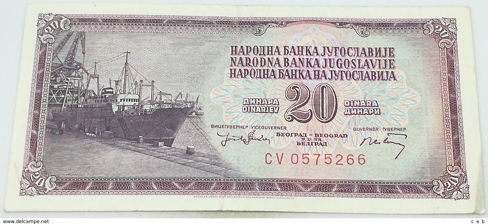 Billete Yugoslavia. 20 Dinares. 1974 - Yugoslavia