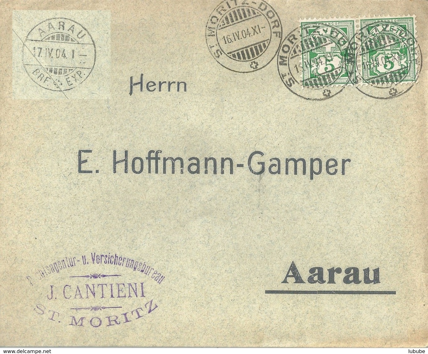 Motiv Brief  "Cantieni, Versicherungen, St.Moritz"          1904 - Storia Postale