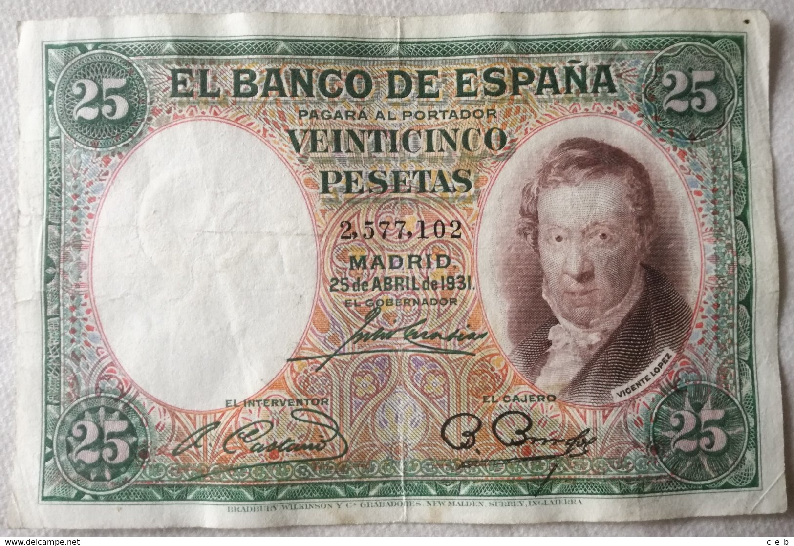 Billete 25 Pesetas. 1931. República Española. España. Sin Serie. Vicente López - 25 Pesetas