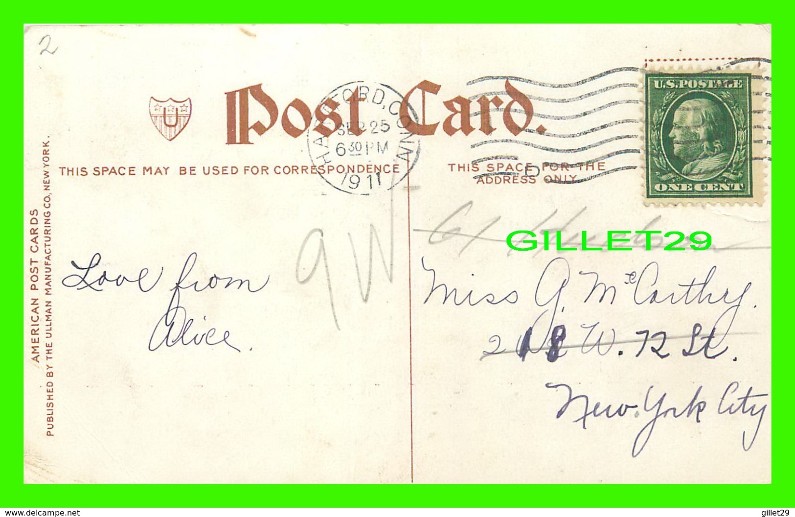 HARTFORD, CT - MEMORIAL ARCH - TRAVEL IN 1911 - AMERICAN POST CARD - PUB, ULLMAN - - Hartford