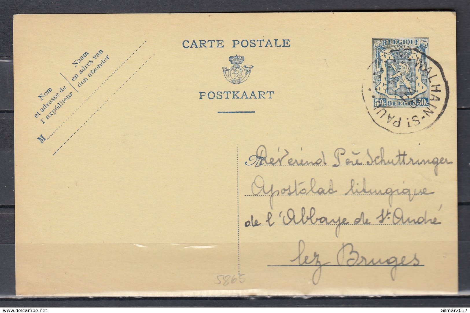 Postkaart Van Walhain St Paul Naar Bruges - 1935-1949 Petit Sceau De L'Etat