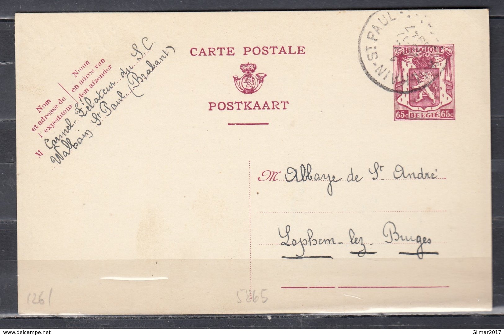 Postkaart Van Walhain St Paul Naar Lophem Lez Bruges - 1935-1949 Petit Sceau De L'Etat