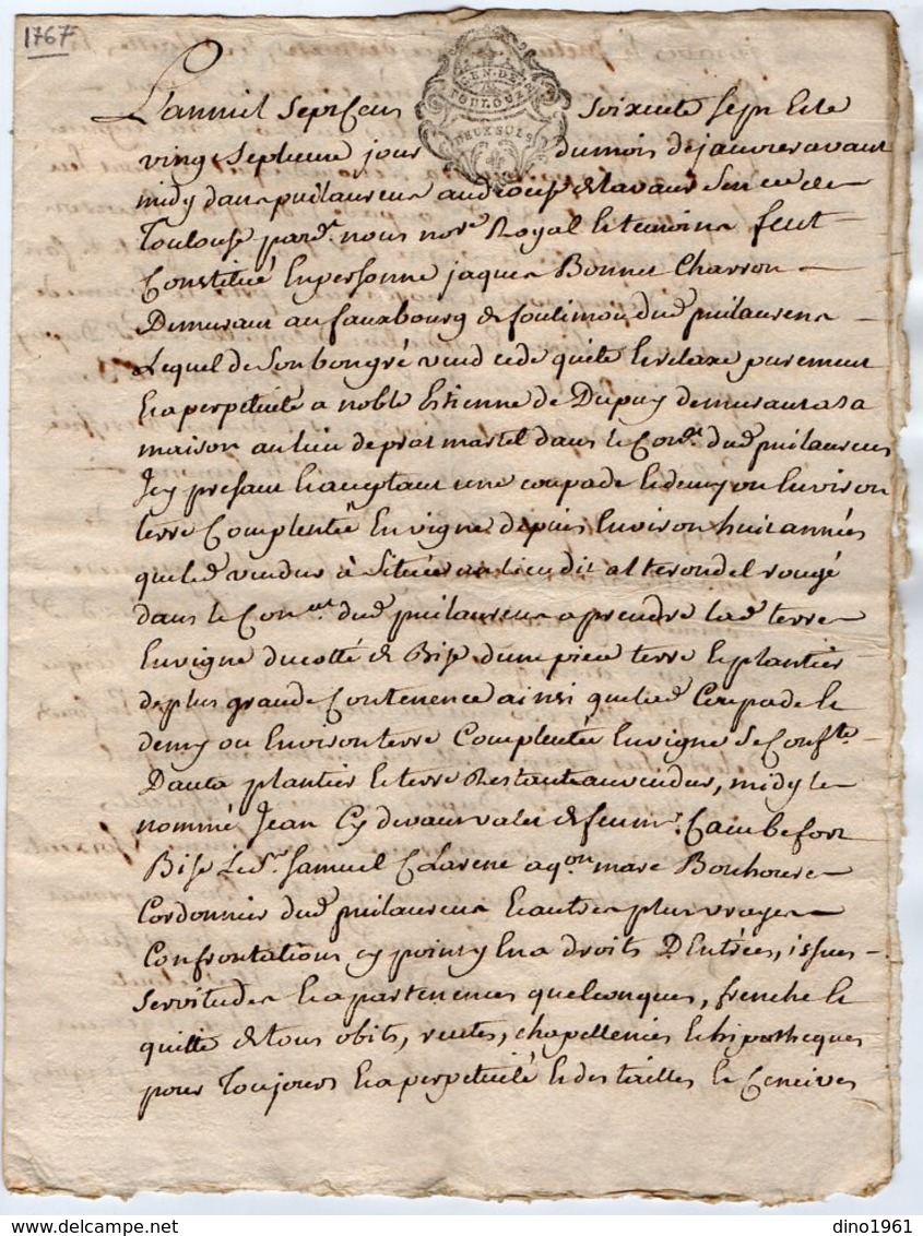 VP15.952 - Cachet De Généralité De TOULOUSE - Acte De 1767 - Vente D'une Pièce De Terre Située à PUYLAURENS - Timbri Generalità