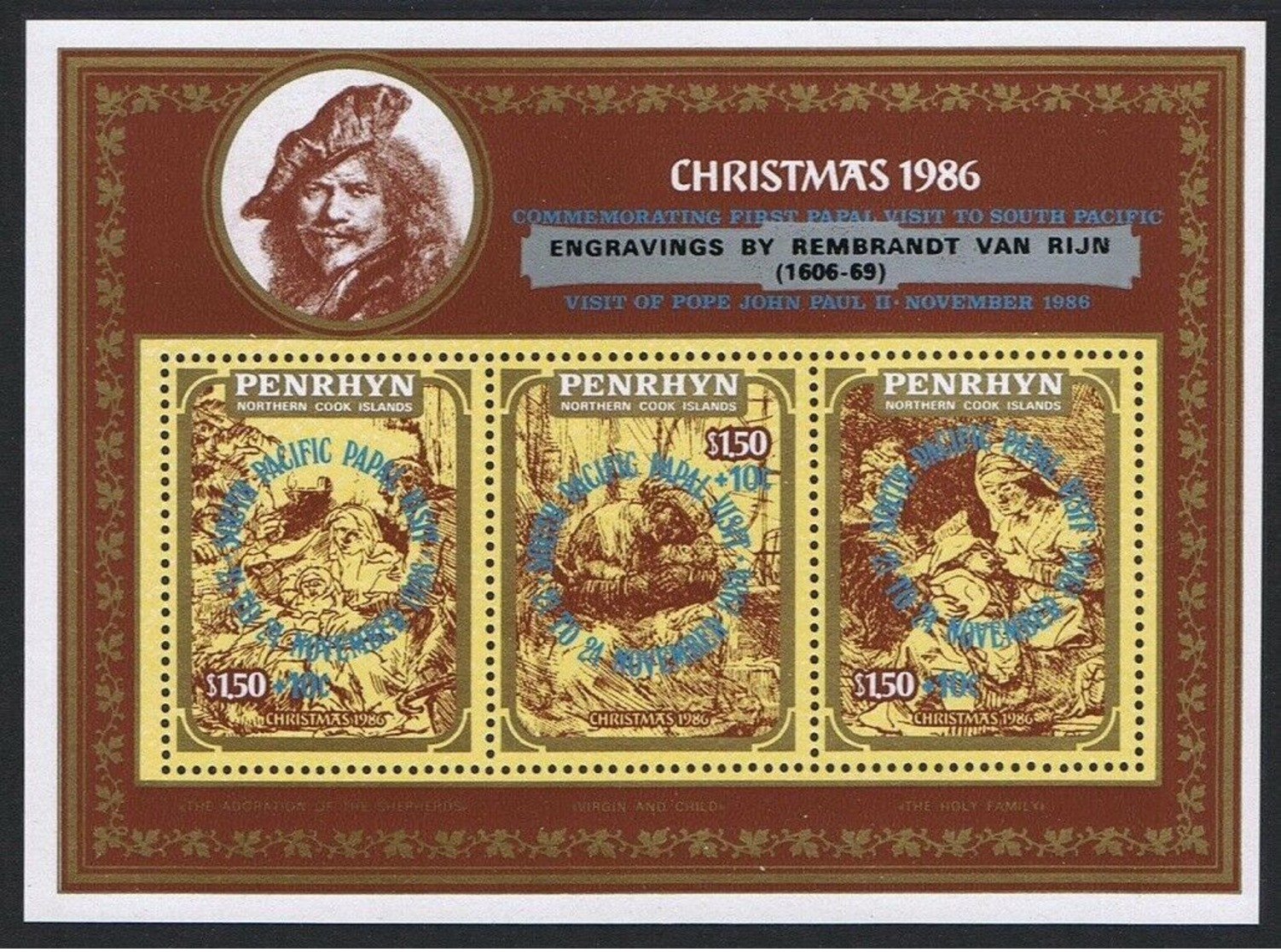 Penrhyn 1986; Religion; Art, Paintings; Visit Of Pope John Paul II Overprint On Rembrandt; MNH, Neuf**, Postfrisch; - Penrhyn