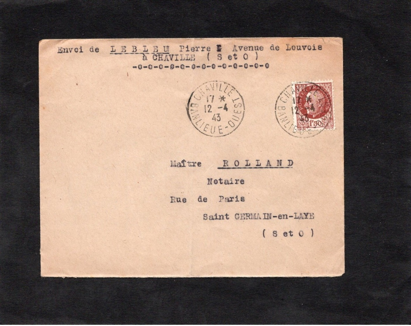 LSC 1943 - Cachet CHAVILLE - Banlieue Ouest Sur Timbre Pétain YT 517 - Handstempel