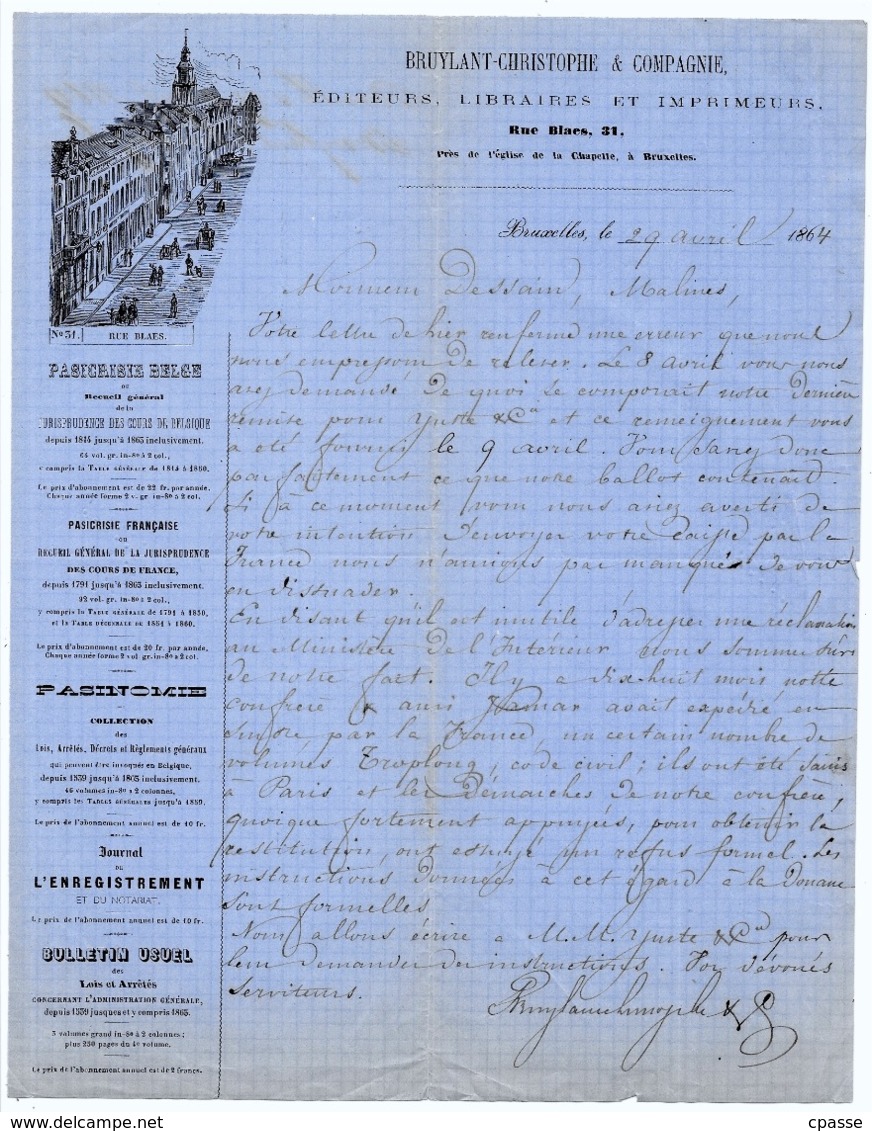 1864 Courrier à En-tête Commerciale BRUYLANT CHRISTOPHE & COMPAGNIE Editeurs Libraires Et Imprimeurs Rue Blaes BRUXELLES - Drukkerij & Papieren