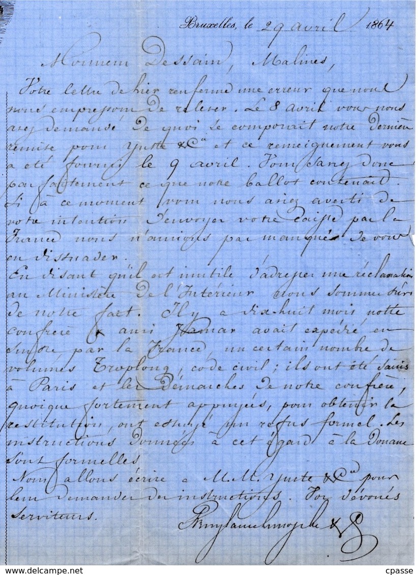 1864 Courrier à En-tête Commerciale BRUYLANT CHRISTOPHE & COMPAGNIE Editeurs Libraires Et Imprimeurs Rue Blaes BRUXELLES - Imprimerie & Papeterie