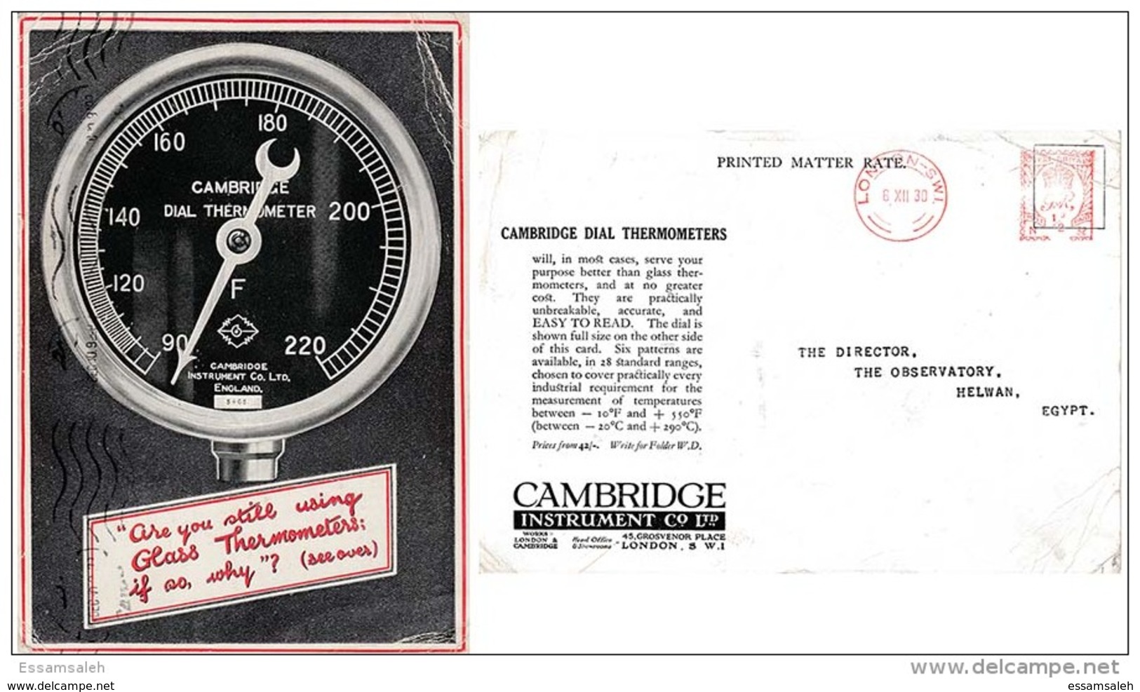 GBS18504 GB 1930 P.T.P.O. Advertising Photo Postcard Cambridge Co. - Meter Cancellation - To Egypt - Franking Machines (EMA)