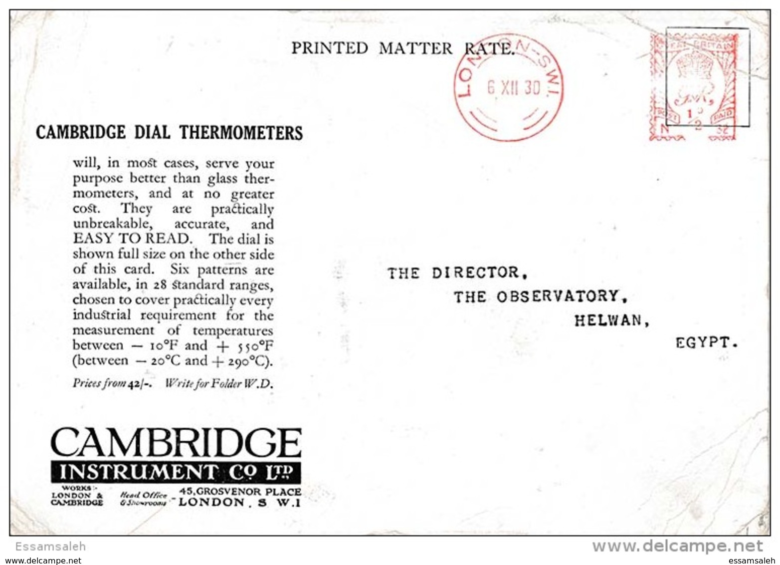 GBS18504 GB 1930 P.T.P.O. Advertising Photo Postcard Cambridge Co. - Meter Cancellation - To Egypt - Macchine Per Obliterare (EMA)