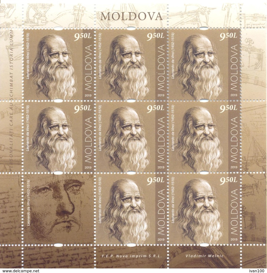 2019. Moldova,  Leonardo Da Vinci, People Who Changed The History Of The World, Sheetlet, Mint/** - Moldavia