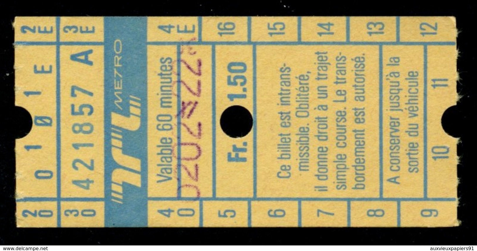 Ticket - Billet Ou Titre De Transport Métro-Bus - LAUSANNE - TL - 1,50 Fr - Codification - Europa