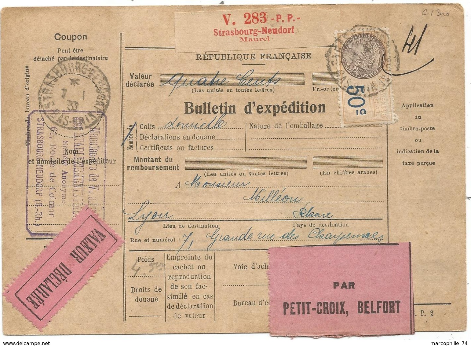 BULLETIN EXPEDITION PP STRASBOURG NEUDORF MAUREL PP 7.1.1932  POUR LYON RHONE  COTE 130€ - 1921-1960: Période Moderne