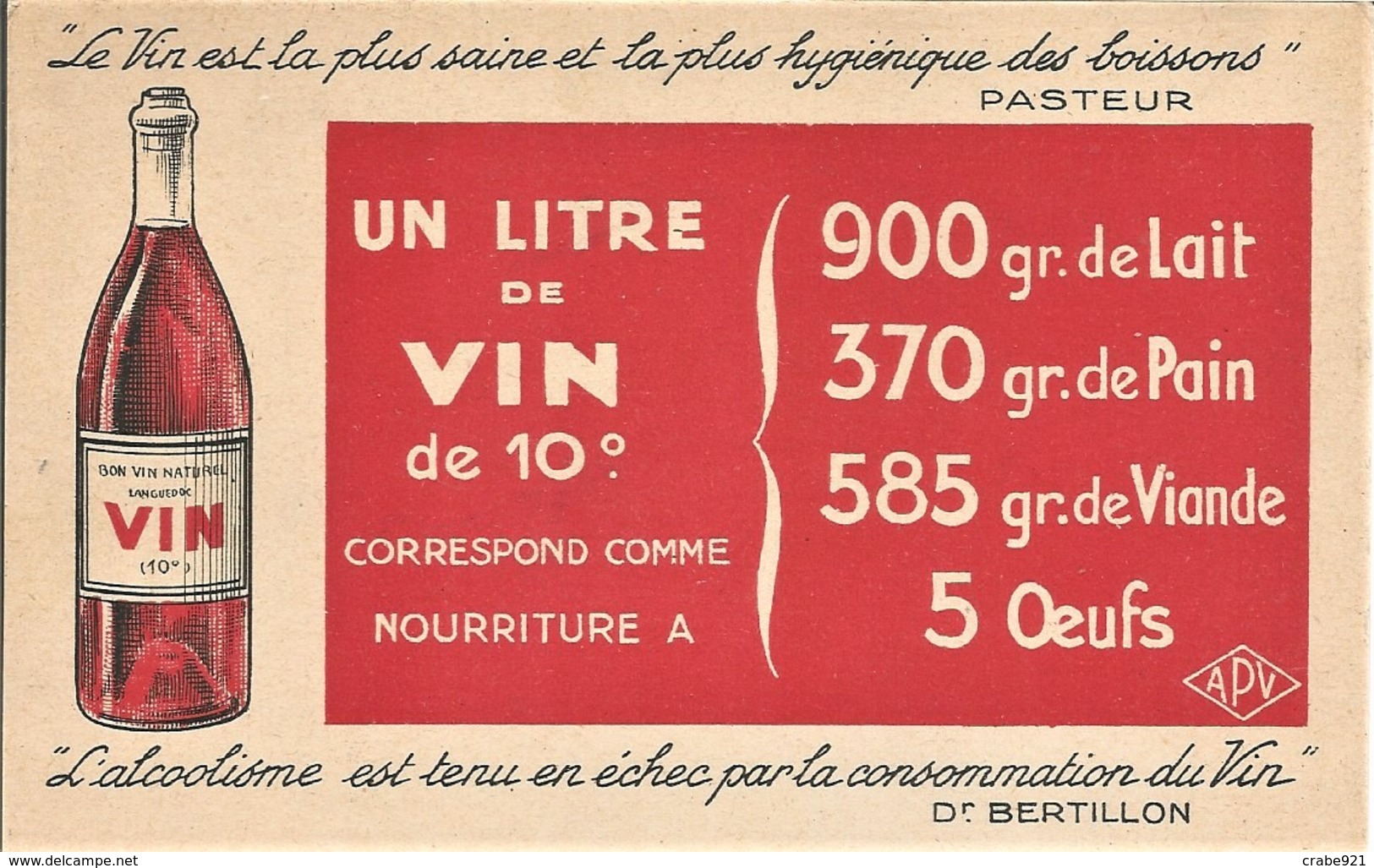 LE VIN  1 LITRE DE VIN A 10° CORRESPOND COMME NOURRITURE A  ..L'ALCOOLISME EST TENU EN ECHEC PAR LA CONSOMMATION DE VIN - Publicité