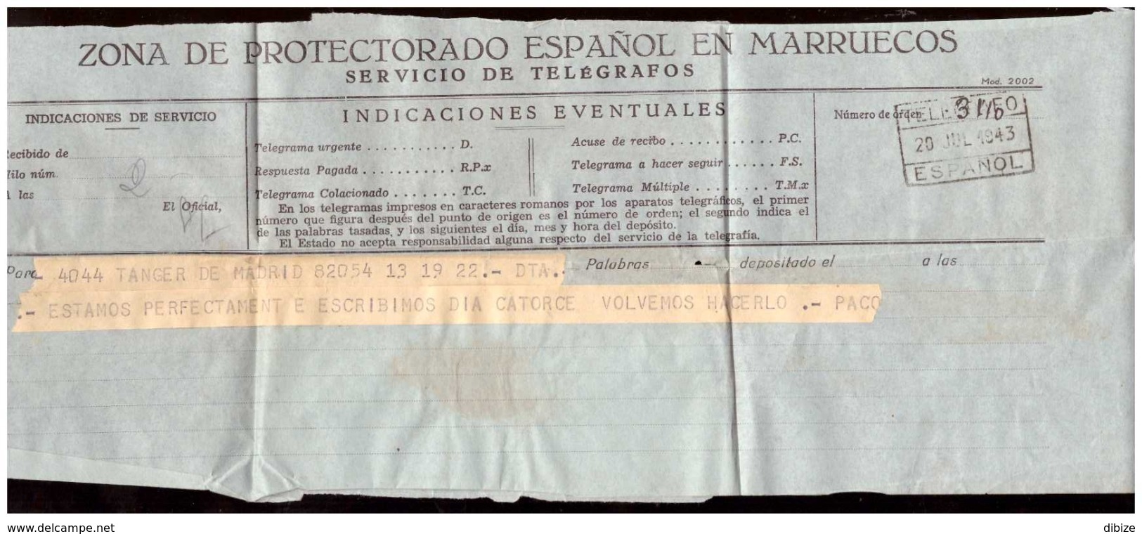 Marruecos. Protectorado Español. Telegrama De Madrid A Tánger Con Sello 1943 - Sin Clasificación
