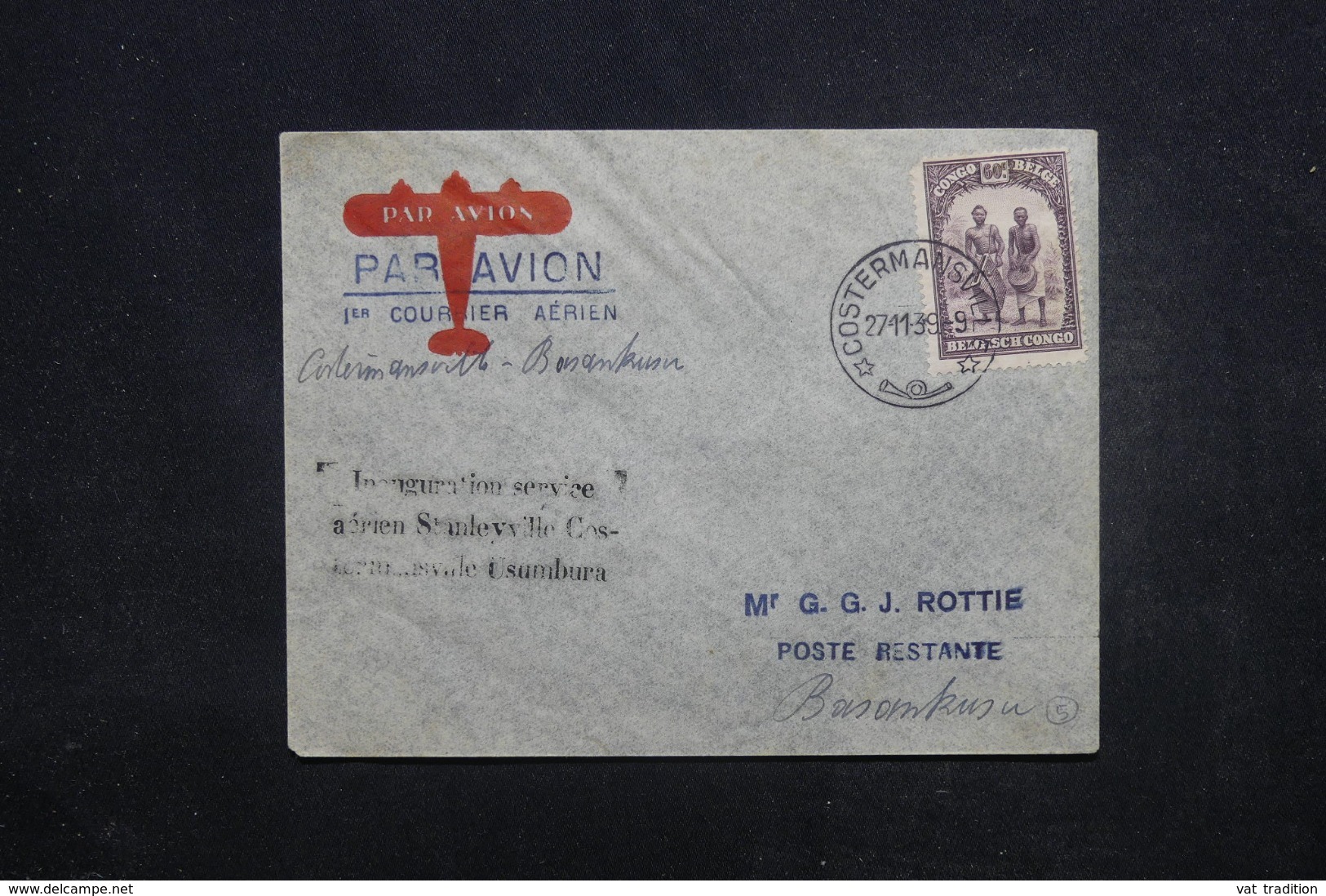 CONGO BELGE - Enveloppe 1er Vol Costermansville / Basankusu En 1939, Affranchissement Plaisant - L 45448 - Cartas & Documentos