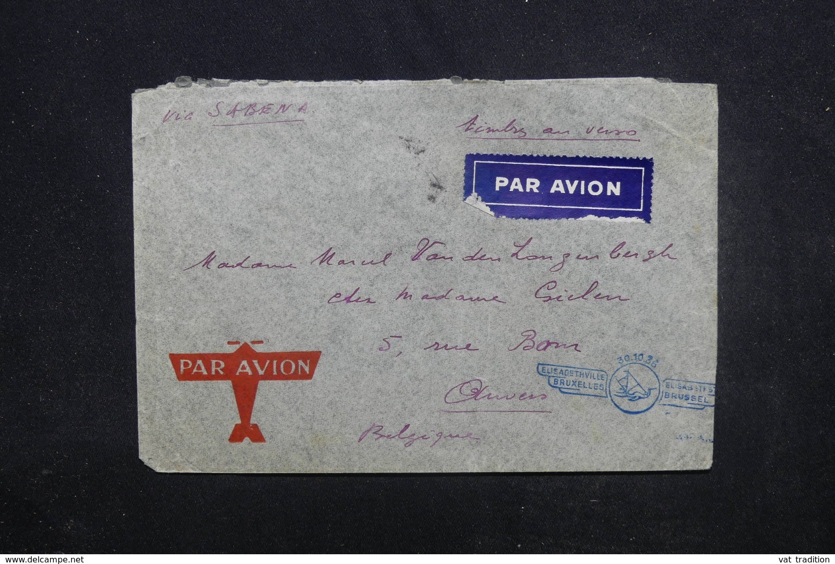 CONGO BELGE - Enveloppe Par Vol Elisabethville / Bruxelles En 1936, Affranchissement Plaisant Au Verso - L 45450 - Briefe U. Dokumente