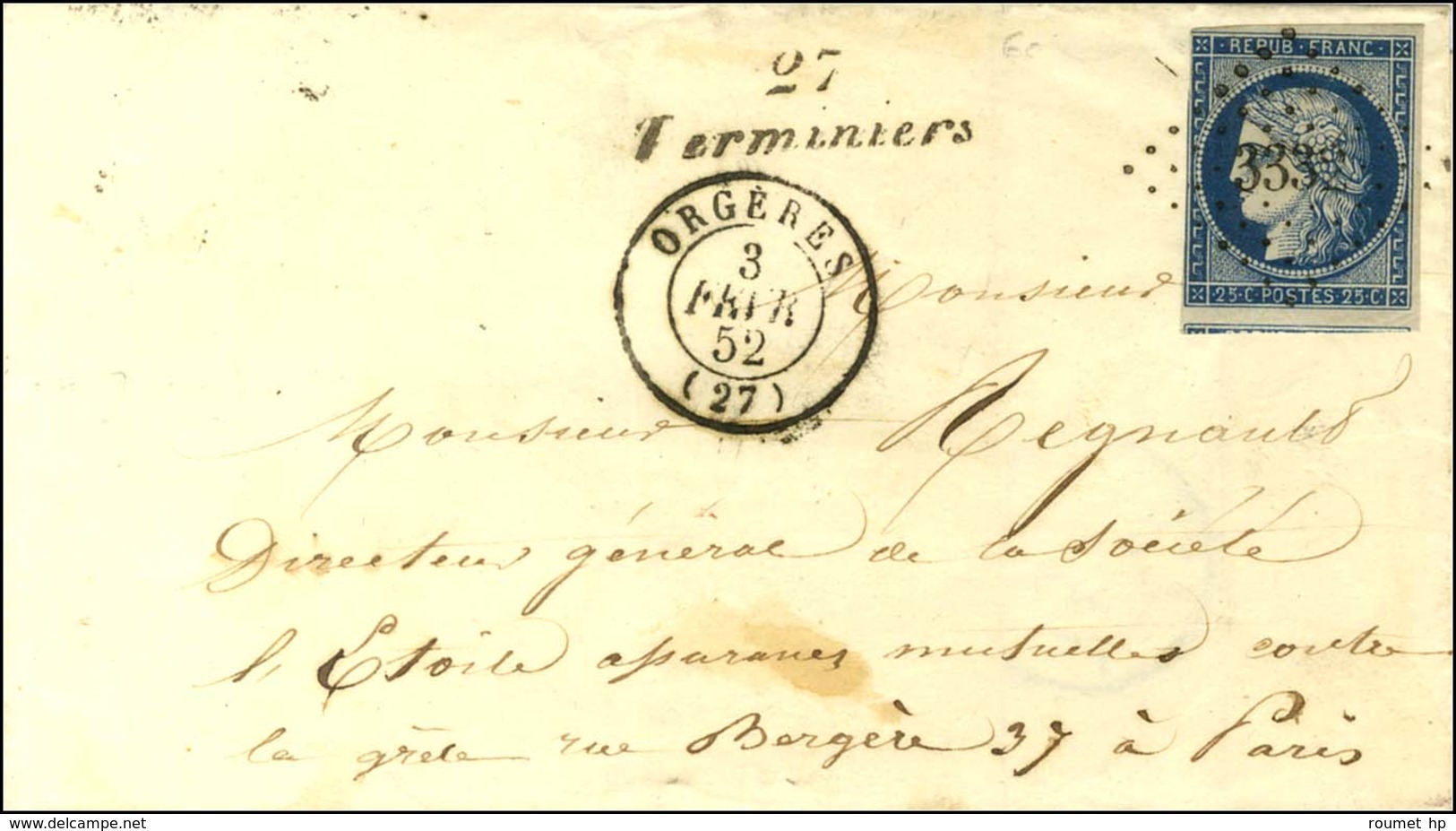 PC 3332 / N° 4 Filet Effleuré Càd T 15 ORGERES (27) Cursive 27 / Terminiers. 1852. - TB. - 1849-1850 Ceres